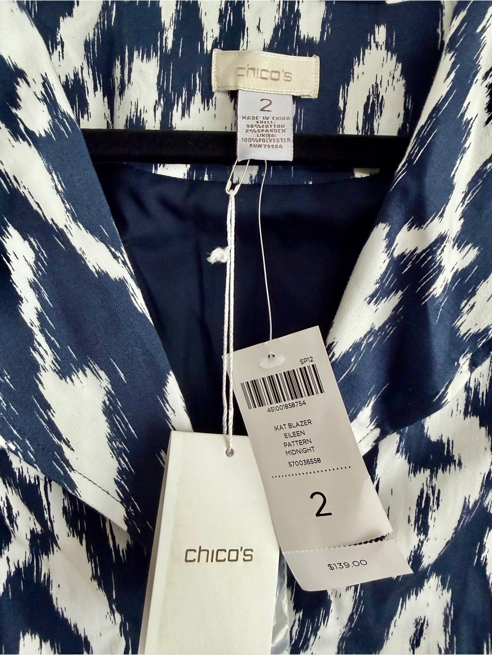 NWT Chico’s Eileen Ikat Blazer Midnight Navy White Size 2 (12-14) - Picture 3 of 6